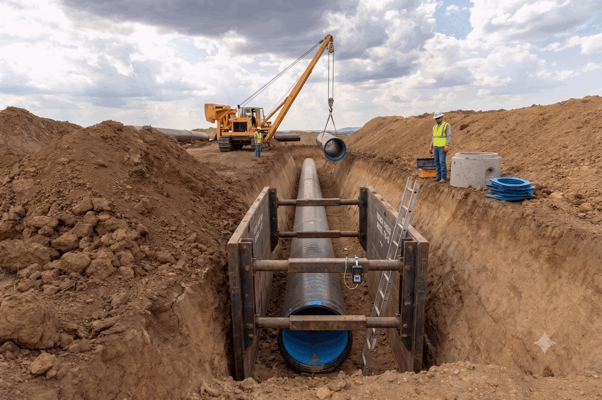 Large pipe installation in trench with crane