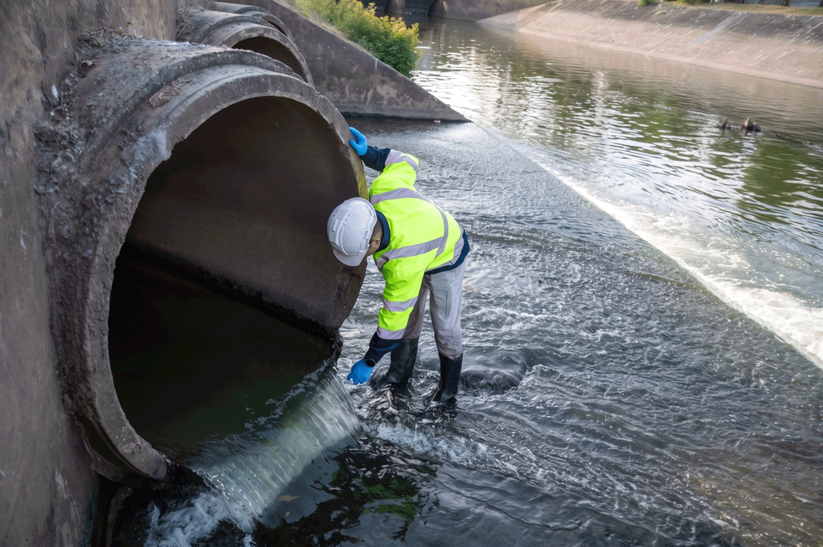 Engineer inspecting water infrastructure outfall